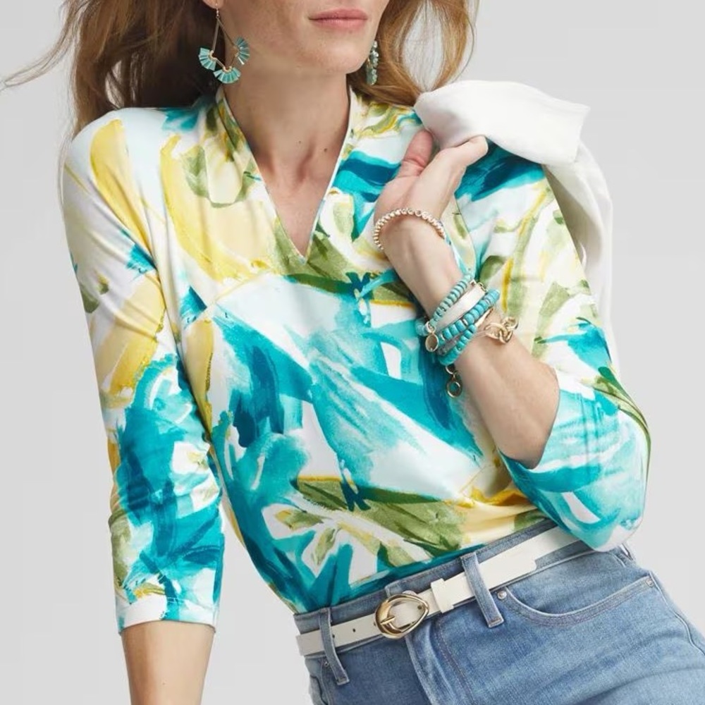 Chico’s Touch of Cool Vibrant V Neck 3/4 Sleeve Top Size M